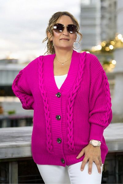 yagmurberen Hair Knit Patterned Thessaloniki Knit Front Buttoned V-Neck Large Size Knitwear Cardigan