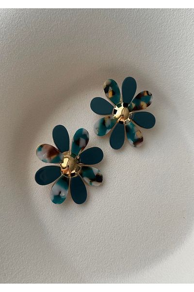 mos&more Petrol Green Flower Large Women's Earrings