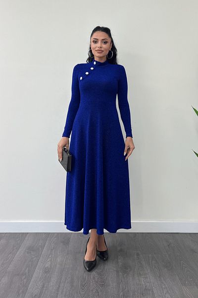 giyimmasalı Saks Blue Midi Dress - Shimmering Crepe Fabric and Button Detail