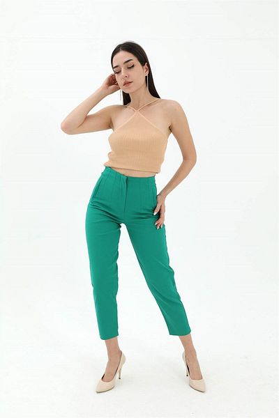 VAPUR Green High Waist Atlas Fabric Trousers