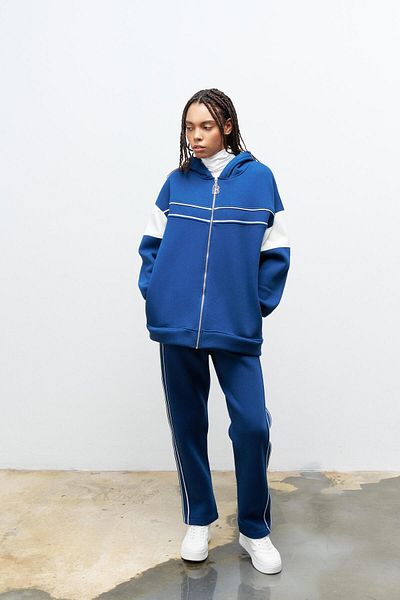 Basicpark Navy Blue Women's Zippered Line Piping Detailed Hooded Fleece Bottom Top Suit
