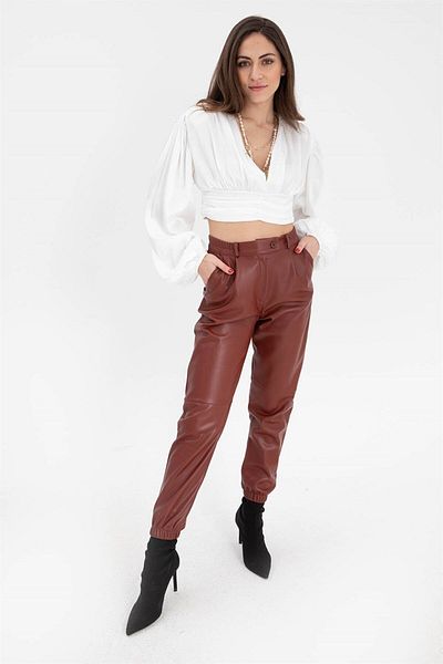 VAPUR Women's Leather Trousers with Elastic Waist and Leg Legs - Claret Red