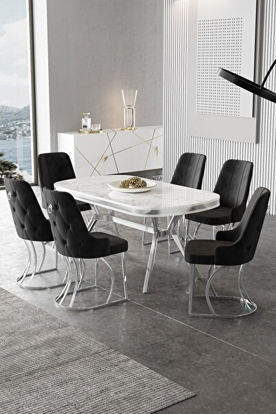 Canisa Epal Serisi 90x168 Lak Panel Beyaz Mermer Desen Masa Takımı Krom Ayakl...