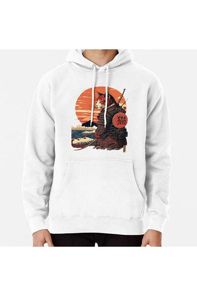 Hvit Stein Hanorac cu imprimeu Ukiyo e Samurai Cat