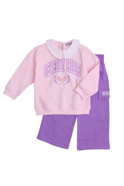 Chicsy Baby Stylish Collar Detailed Text Printed Oversize Top and Bottom Baby Kids Tracksuit Set