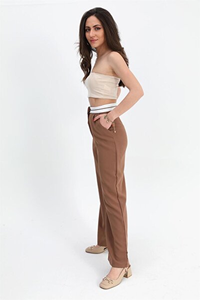 VAPUR TEKSTİL Tan Atlas Fabric Palazzo Trousers with Garni and Belt