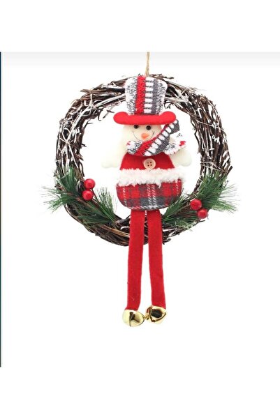 Genel Markalar 25cm Hasır Çelenkli Peluş Kardan Adam Figürlü 2024 Yılbaşı Kapı Süsü