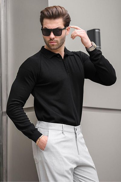 Madmext Pulover negru cu mânecă lungă texturată cu gât polo E7264
