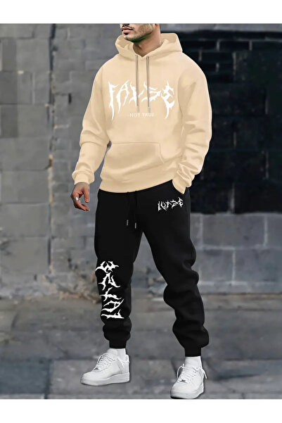 GALASHOP Erkekler için Trend Geometrik Baskılı Kapüşonlu-Eşofman Altı