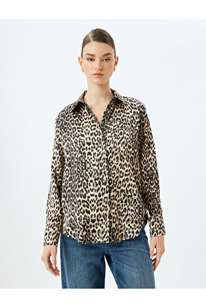 Koton Cămașă clasică din satin cu mânecă lungă cu imprimeu leopard