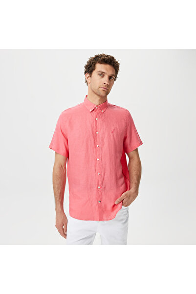 Nautica Erkek Açık Pembe Classic Fit Kısa Kollu Keten Gömlek