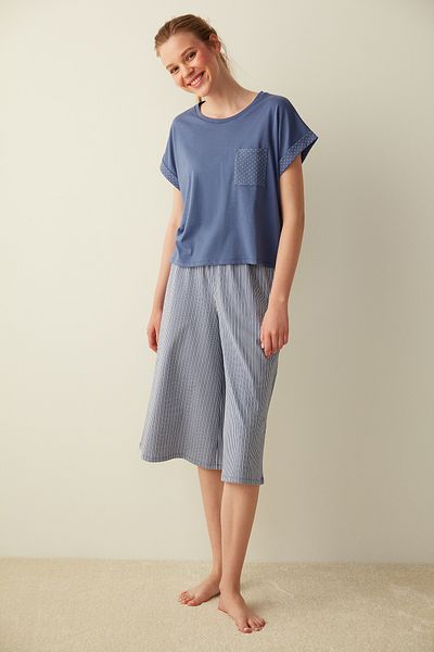 Penti Navy Blue Polka Dot Detailed Pocket T-Shirt Pajama Top