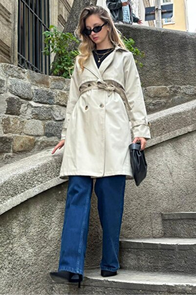 Madmext Bej Kruvaze Yaka Kadın Trençkot MG2243