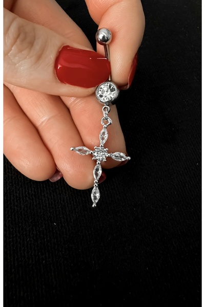 DarkellaStore Gotik Punk Sallantılı Taşlı Haç Göbek Piercing (Cerrahi Çelik)