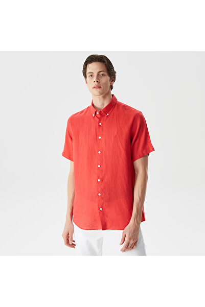 Nautica Erkek Turuncu Classic Fit Kısa Kollu Keten Gömlek