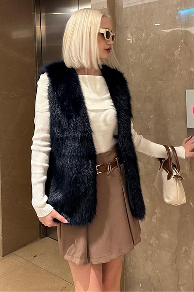Madmext Navy Blue Soft Texture Lined Women's Vest Mg2238