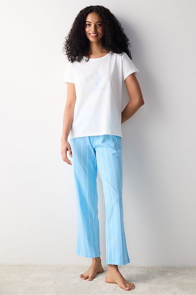 Penti Set pijama pantaloni albaștri cu dungi de lavandă din bumbac