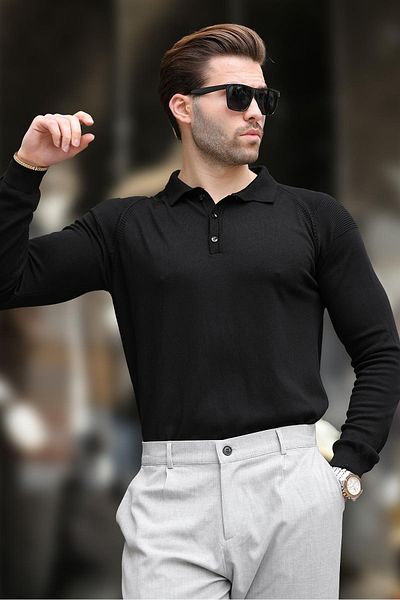 Madmext Pulover negru cu mânecă lungă texturată cu gât polo E7264