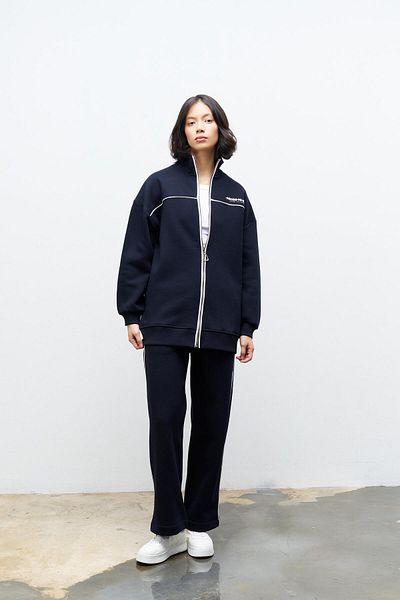Basicpark Smoked Women's Text Print Detailed Zippered Fleece Inside Top and Bottom Set