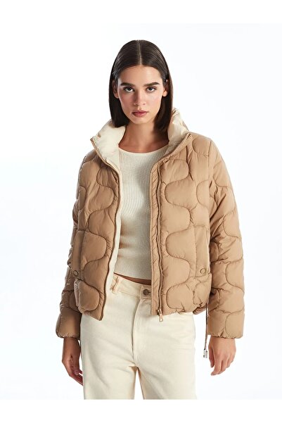 LC Waikiki Palton puf pentru femei LCW Vision, bej, cu guler ridicat