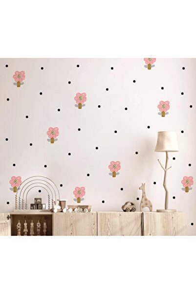 Lizpo Decor Pembe Çiçekli Siyah Polkalı Boho Soyut Botanik Duvar Stickerları ...