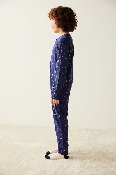 Penti Navy Blue Boy's Home Patterned Thermal Jumpsuit