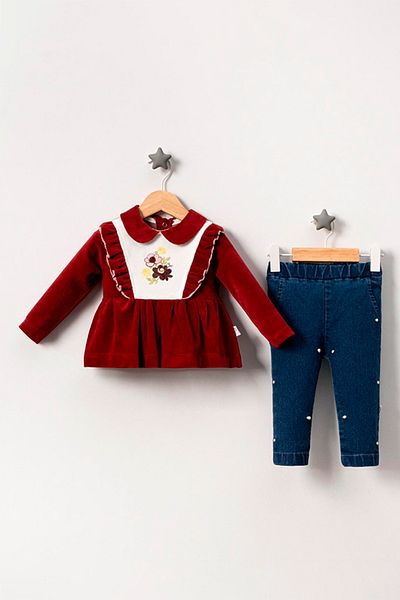 TRENDİMİZBİR Baby Girl Double Suit with Pearl Trousers - Red