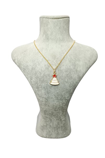 Mos Tespih Gold Christmas Pine Tree Figured Necklace