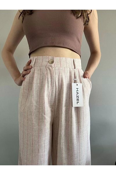 Hazel Women's Pink Striped High Waist Linen Palazzo Pants
