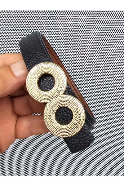 Kemerix Women's Gold Buckle Double-Way Black-Tan Thin Belt