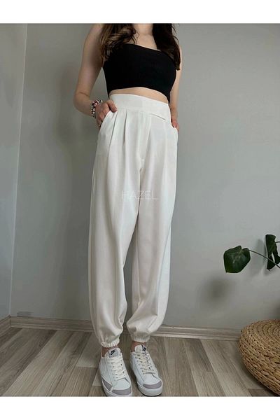 Hazel Women's White High Waist Balloon Pants with Velcro and Elastic Legs
