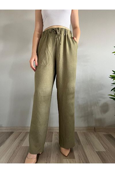 polle Women's Khaki Linen Blended Loose Fitting Trousers