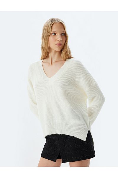 Koton Langer Basic-Strickpullover mit V-Ausschnitt