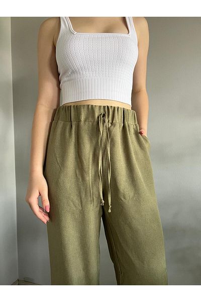polle Women's Khaki Linen Blended Loose Fitting Trousers