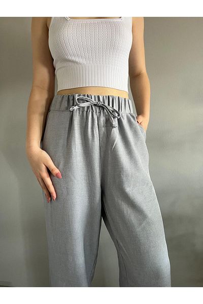 polle Women's Gray Linen Blended Loose Fitting Trousers