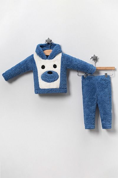 TRENDİMİZBİR Blue Bear Embroidered Welsoft Set of Two for Baby Boy
