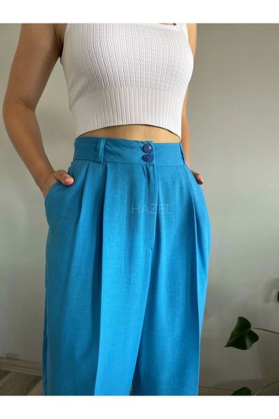 Hazel Pantaloni de damă, albastru, cu talie înaltă, din in, cu balon