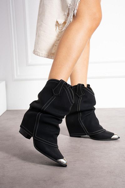 ShoeTek Дамски каубойски ботуши Sasilya с филийки от желязна матова черна кожа