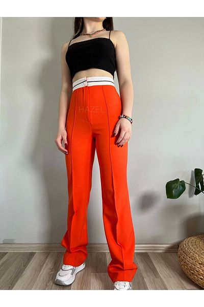 polle Women's Orange High Waist Belt Detailed Trousers