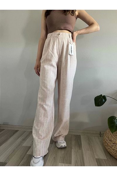 Hazel Women's Pink Striped High Waist Linen Palazzo Pants