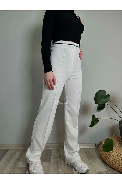Hazel Women's White High Waist Striped Belt Detailed Trousers