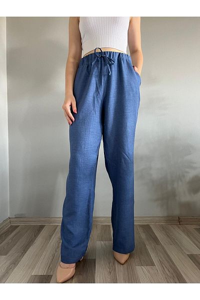 polle Women's Blue Linen Blended Loose Cut Trousers