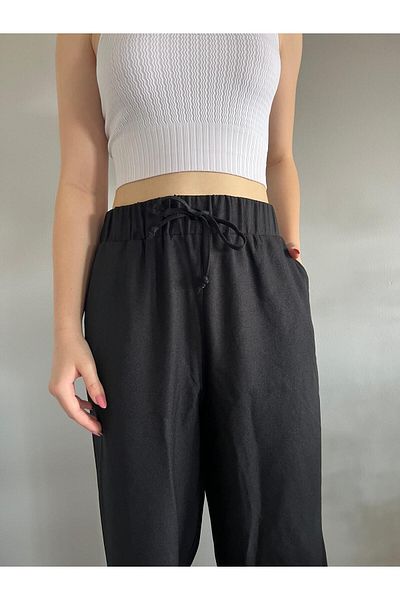polle Women's Black Linen Blended Loose Cut Trousers