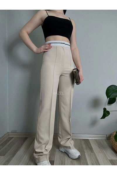 Hazel Women's Stone High Waist Striped Belt Detailed Trousers
