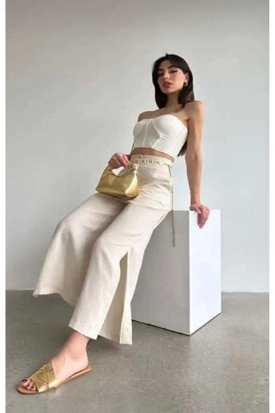 polle Women's Stone Linen Slit High Waist Palazzo Trousers
