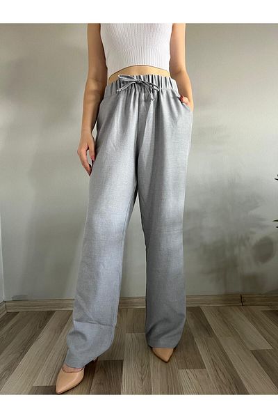 polle Women's Gray Linen Blended Loose Fitting Trousers