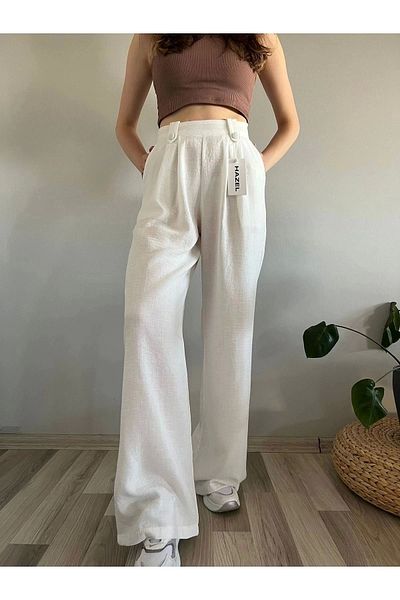 Hazel Women's White Linen Buttoned High Waist Palazzo Pants