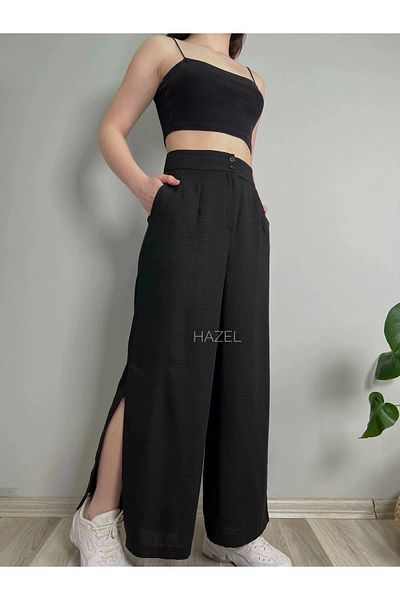 Hazel Women's Black Linen Slit High Waist Palazzo Pants
