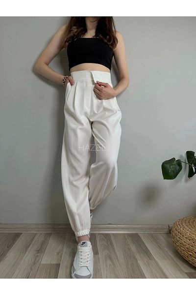 Hazel Women's White High Waist Balloon Pants with Velcro and Elastic Legs