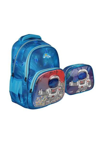 Relaxion Geantă pentru școală primară din 3 piese cu paiete figurată de astronaut - Set de suport pentru stilou pentru prânz în relief 1370